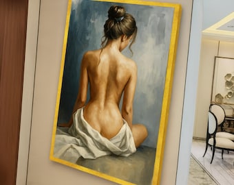 Lienzo con elegante figura femenina desnuda de espaldas, arte mural sensual con figura femenina, estilo óleo clásico, decoración artística para dormitorio.
