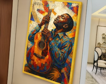 Canvas met een soulvolle bluesgitarist, abstracte muurdecoratie met een muzikant, kleurrijk canvas met een akoestische gitaar en muziekmotief, woondecoratie voor muziekliefhebbers.