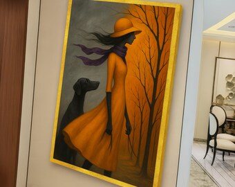 Mujer con vestido naranja y perro negro, lienzo de bosque otoñal, arte figurativo surrealista, decoración de pared con ambiente melancólico, lienzo con vibrantes colores otoñales
