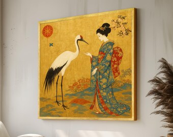 Elegante geisha met kraanvogel, traditioneel Japans kunstwerk op canvas, muurdecoratie met gouden achtergrond, oosterse Aziatische decoratie, canvas met kimono- en bloemenmotief