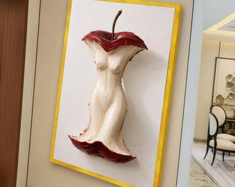Künstlerische Apfelkern Frau Figur Leinwand, surreale nackte Körper Wandkunst, modernes Wohndekor, einzigartiges Stillleben Leinwand, feminine Form Design