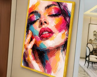 Lebendige Frau Porträt Leinwand, Abstraktes Gesicht Wandkunst, Bunte Weiblichen Ausdruck Leinwand, Moderne Dekoration, Make Up Kunstdruck