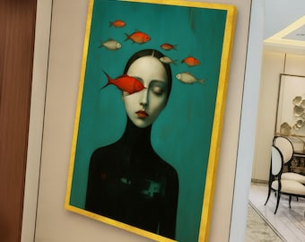 Könnte beinhalten: Gerahmter Kunstdruck mit einer Frau mit geschlossenen Augen, einem roten Fisch über einem Auge und weiteren Fischen in Rot- und Silbertönen. Der Hintergrund ist türkis und der Rahmen goldfarben. Ein modernes Kunstwerk.
