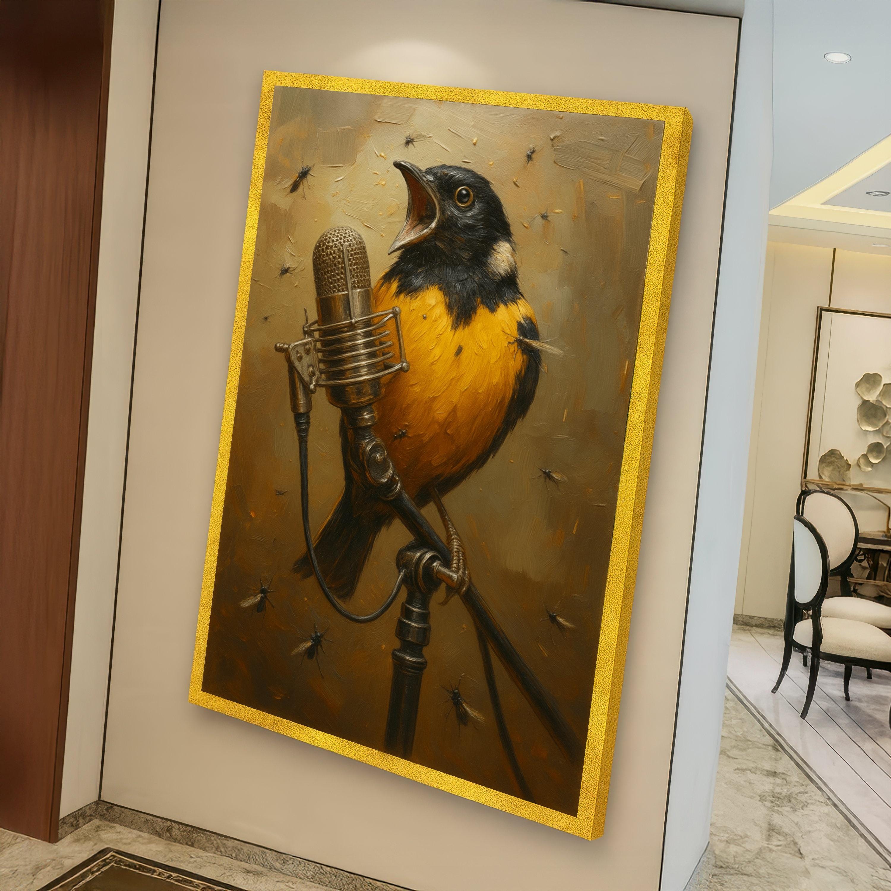 Singing Bird With Vintage Microphone Canvas Wall Art, Realistic