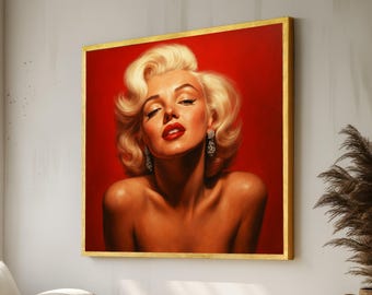 Lienzo con retrato de mujer rubia glamurosa, arte mural estilo Hollywood vintage, lienzo con fondo rojo retro, elegante rostro femenino de belleza clásica