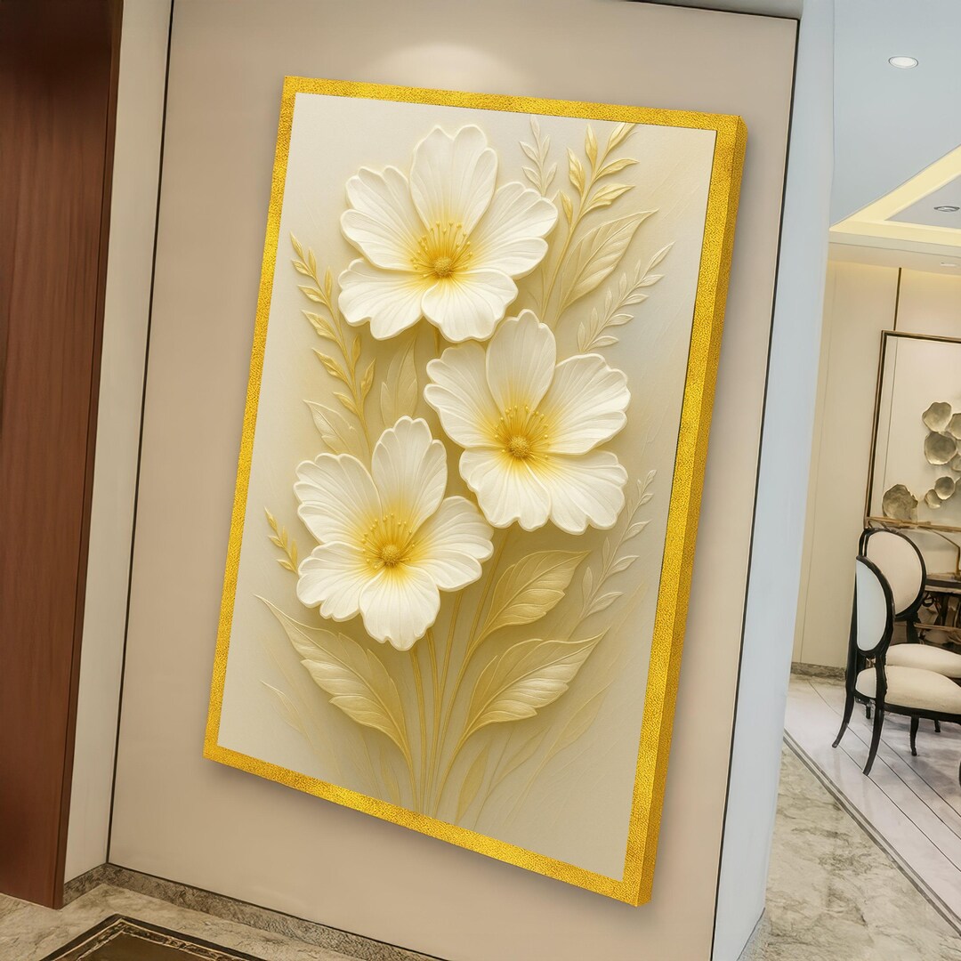 Elegant White and Gold Floral Canvas Wall Art, Effect Flower Design ...
