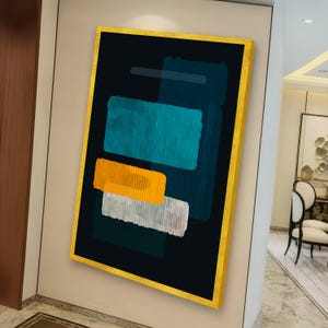 Könnte beinhalten: Abstrakter Kunstdruck mit goldenem Rahmen. Das Kunstwerk zeigt rechteckige Formen in Türkis, Orange, Weiß und Dunkeltürkis vor einem schwarzen Hintergrund. Das Gemälde ist an einer beigen Wand angebracht.