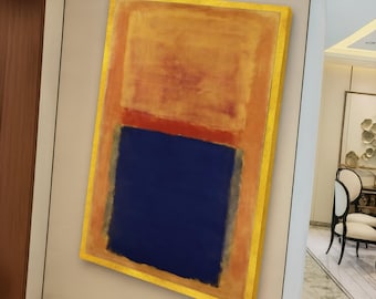 Lienzo abstracto con bloques de color llamativos, diseño geométrico moderno, decoración contemporánea para el hogar en vibrantes tonos azules y naranjas.