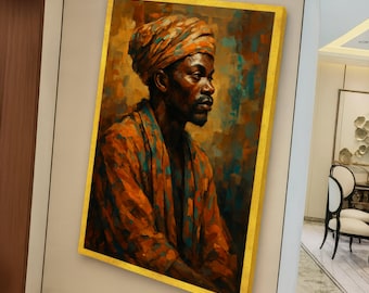 Reflective African Man Portrait, Orange Turban Canvas Wall Art, Ethnic Home Decor, Modern Figurative Colorful Canvas