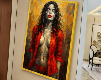 Lienzo con retrato de moda en rojo intenso, mujer con labios rojos y camisa abierta, arte figurativo abstracto moderno, obra de arte impactante para la decoración del hogar.