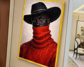 Stilvolle Porträt Leinwand Wandkunst, Mann mit schwarzem Hut, roter Rollkragenpullover, moderne Mode-Dekor, zeitgenössische Gesichts Leinwand, Hauswand