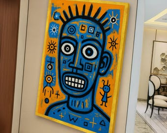 Abstract Tribal Face Canvas, Modern African Art Print, Blue Orange Wall Decor, Ethnic Style Canvas Wall Art, Bold Graphic Artwork