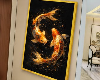 Goldene Koi Fisch Leinwand, Yin Yang Fisch Kunst, Symbolische Wanddekoration, Japanische Fisch Leinwand, Zen Aquarium Wandkunst, Dekoration