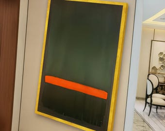 Cuadro abstracto minimalista sobre lienzo, diseño moderno de barras naranjas, fondo verde oscuro, decoración contemporánea para el hogar, impresión única sobre lienzo.
