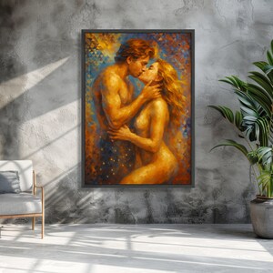 Lienzo de abrazo romántico, arte mural de pareja apasionada, decoración sensual para el hogar, arte abstracto de amor. imagen 3