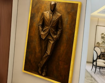 Abstract Geometric Man Sculpture Canvas, Modern Brown Suit Wall Art, Effect Home Decor, Contemporary Masculine Canvas