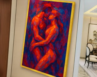 Passionate Embrace Abstract Canvas, Romantic Couple Art, Vibrant Red Blue Wall Decor, Modern Expressionist Canvas, Intimate Love