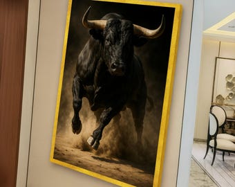 Powerful Charging Bull Canvas Wall Art, Dynamic Animal Print, Rustic Home Decor, Dark Background Wildlife Canvas, Ready to Hang Art