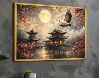 Gelassene japanische Pagode, Vollmond Leinwand, Kranich Vogel Wandkunst, Kirschblüten Naturszene, asiatische Landschaft Leinwand, friedliche Wohnkultur