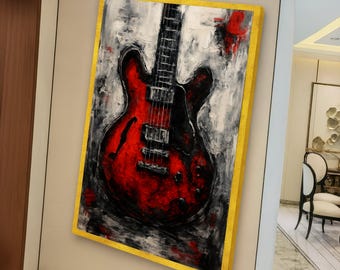 Czerwona gitara elektryczna na płótnie, abstrakcyjny instrument muzyczny, dekoracja rock and rolla, nowoczesny wydruk artystyczny, dekoracja pokoju muzycznego w domu