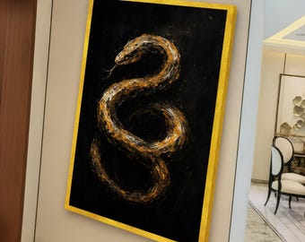 金色の蛇のキャンバスアート｜大胆な蛇の絵画、ダークな動物のアート