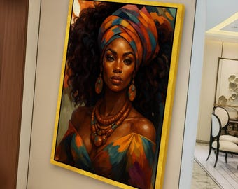 Regal African Woman Portrait Canvas, Tribal Headwrap Art, Ethnic Wall Decoration, Bold Colors Canvas, Inspirational Female Canvas Art