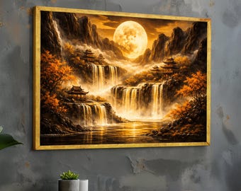 Goldene Mondschein Wasserfälle, Asiatische Pagode Leinwand, Herbst Landschaft Wand Kunst, Serene Bergfluss Szene, Natur Leinwand Dekoration