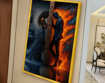 Elemental Divide, Water and Fire Contrast Canvas, Emotional Couple Wall Art, Abstract Love Separation Modern Home Decoration