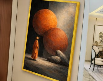 Surreale orangefarbene Kugeln Leinwand, moderne abstrakte Kunst, Figur orangefarbener Umhang, zeitgenössische Dekoration, mystischer Kunstdruck