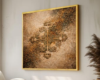 Altes Stammessymbol Leinwand Wandkunst, rustikales Erdton Dekor, ethnischer Boho-Stil, Vintage Kulturelles Design, Hauptakzent-Leinwand
