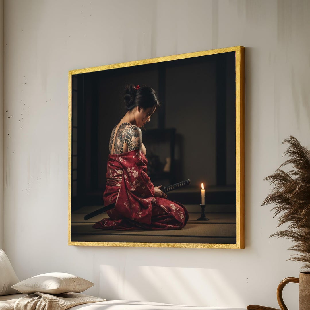 Elegant Samurai Woman in Red Kimono Canvas, Japanese Tattoo Art ...