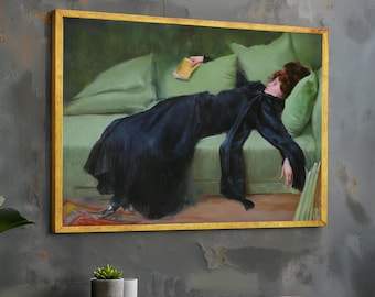 Reclining Woman on Green Sofa Canvas, Classic Portrait Wall Art, Vintage Artistic Home Decor, Elegant Female Figure Print