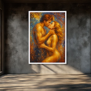 Lienzo de abrazo romántico, arte mural de pareja apasionada, decoración sensual para el hogar, arte abstracto de amor. imagen 5
