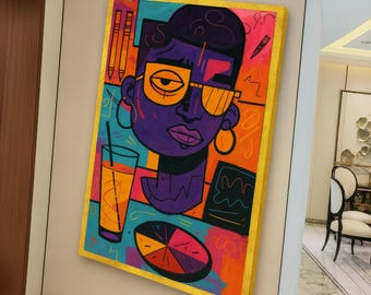 Modern Abstract Portrait Canvas, Colorful Geometric Face Art, Urban Pop Art Wall Decor, Contemporary Canvas for Living Room, Vibrant Home