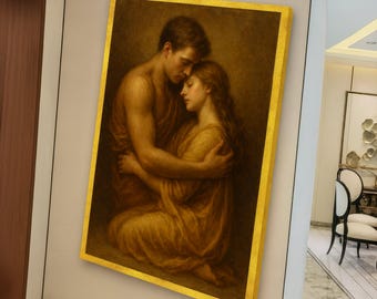 Embracing Love Couple Canvas Art, Romantic Hug Warm Toned Wall Decor, Intimate Relationship Canvas, Emotional Home Accent