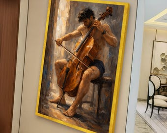 Intensive Cello Player Leinwand, Musiker Wandkunst, Ausdrucksstarkes abstraktes Musikinstrument Dekor, moderne Leinwandkunst