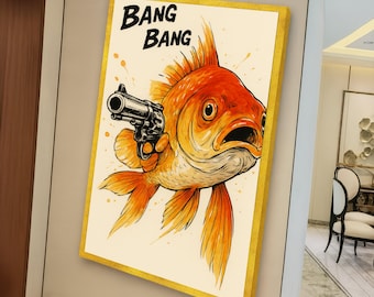 Bold Goldfish with Revolver Canvas, Funny Animal Wall Art, Quirky Fish Illustration, Humorous Home Decor, Unique Canvas Print