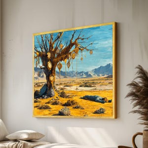 May include: A framed painting depicts a surreal desert landscape with a tree adorned with hanging clocks. The artwork features a blue sky, yellow sand, and distant mountains. A figure lies on the ground near the tree, adding a narrative element to the scene.
