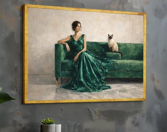 Elegante Frau grünes Kleid Sitzend auf Sofa Leinwand, Katzen Begleiter Wandkunst, Stilvolle Dekoration, Moderne Porträt Leinwand Kunst