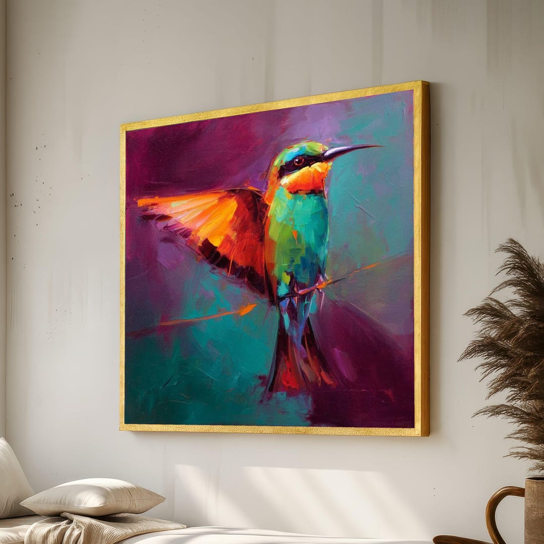 Vibrant Colorful Hummingbird Canvas Wall Art, Abstract Bird Bright ...