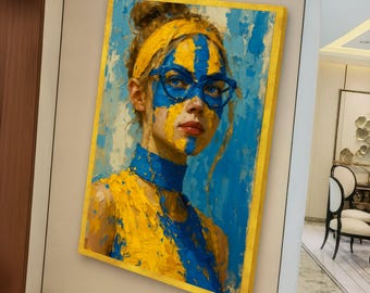 Abstract Portrait Canvas Wall Art, Modern Woman Blue and Yellow Face Paint, Unique Artistic Home Decor, Canvas Print