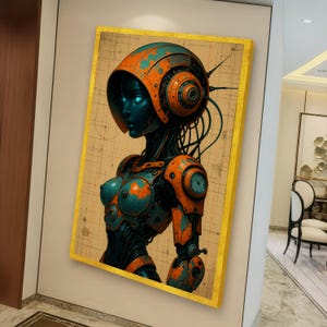 Futuristisk kvinnlig robot på canvas, cyberpunk-porträtt av android, sci-fi-konst med mekanisk kvinna, modern teknologidekor, industriell stil