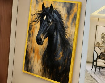 黒馬の肖像画：筆致の馬のプリント、金色の額縁に入った絵画風の壁掛け