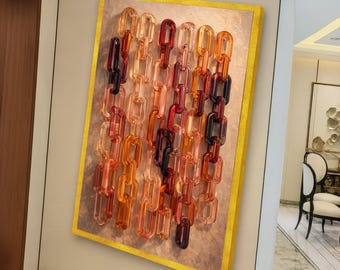 Abstrakte Kettenglieder Leinwand Wandkunst, modernes geometrisches Wohndekor, Bernstein und Burgunder Wandbehang Design, zeitgenössische Leinwanddekoration
