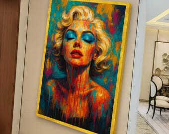 Vibrant Abstract Woman Portrait Canvas, Colorful Dripping Paint Wall Art, Modern Expressionist Face Canvas, Bold Home Decoration