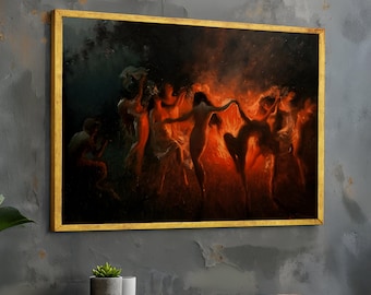 Mystic Fire Dance, Mythical Scene Canvas Wall Art, Dramatic Night Landscape, Fantasy Figure Home Decor Canvas Art