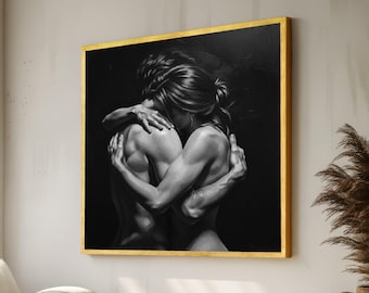 Intimate Embrace Canvas Wall Art, Black and White Couple Hug Romantic Love Canvas, Sensual Figure Art, Home Décor Accent