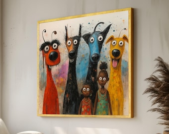 May include: A framed art print depicting a whimsical illustration of five cartoon dogs and two children. The dogs are in various colours, including red, black, blue, and yellow. The children are wearing colourful dresses. The artwork has a gold frame.