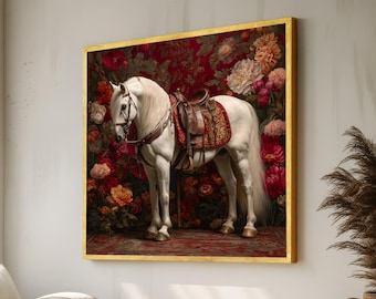 Bloemencanvas wit paard, elegante muurkunst paardensport, portret luxe dieren, romantisch vintage decor kunstwerk poster