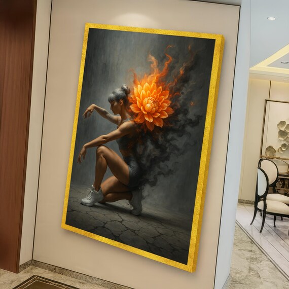 Fiery Blossom Transformation Canvas, Woman in Motion Wall Art, Flame and Flower Canvas, Surreal Fitness Art, Modern Home Decoration